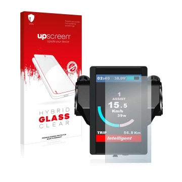 Face avant d’un emballage produit avec le logo de la marque upscreen. À côté, l’appareil Bafang 850c est représenté avec la pr
