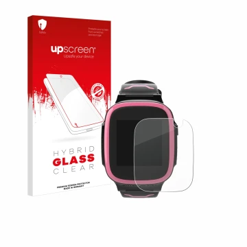 Face avant d’un emballage produit avec le logo de la marque upscreen. À côté, l’appareil Xplora X5 Play est représenté avec la