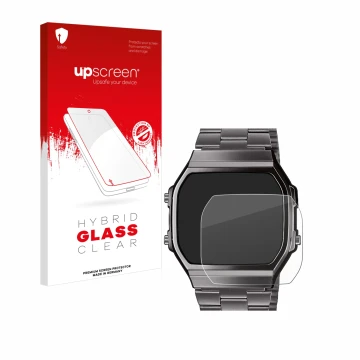 Face avant d’un emballage produit avec le logo de la marque upscreen. À côté, l’appareil Casio A168WEGG-1BEF est représenté av