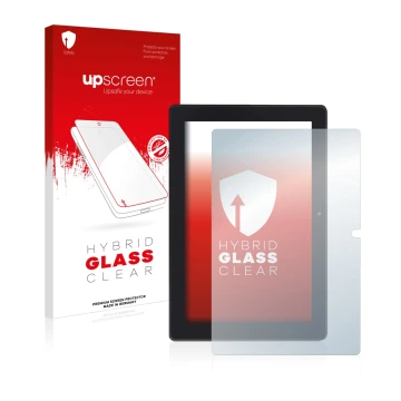 Face avant d’un emballage produit avec le logo de la marque upscreen. À côté, l’appareil Simbans Tangotab 10