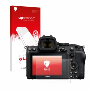Face avant d’un emballage produit avec le logo de la marque upscreen. À côté, l’appareil Nikon Z 5 est représenté avec la prot