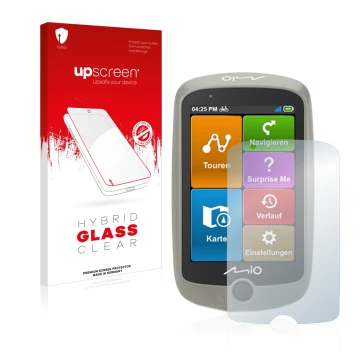 Face avant d’un emballage produit avec le logo de la marque upscreen. À côté, l’appareil Mitac Mio Cyclo Discover est représen