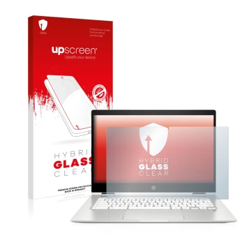 Face avant d’un emballage produit avec le logo de la marque upscreen. À côté, l’appareil HP Chromebook x360 (14b-caX) est repr