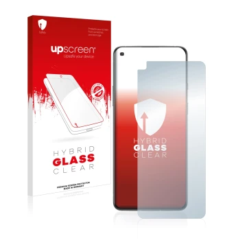 Face avant d’un emballage produit avec le logo de la marque upscreen. À côté, l’appareil OnePlus 8T est représenté avec la pro