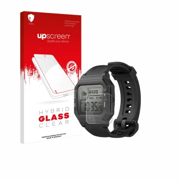 Face avant d’un emballage produit avec le logo de la marque upscreen. À côté, l’appareil Huami Amazfit Neo est représenté avec