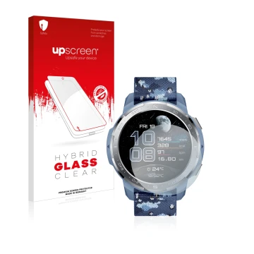 Face avant d’un emballage produit avec le logo de la marque upscreen. À côté, l’appareil Honor Watch GS Pro est représenté ave