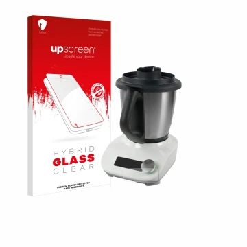 Face avant d’un emballage produit avec le logo de la marque upscreen. À côté, l’appareil Vorwerk Thermomix Friend est représen