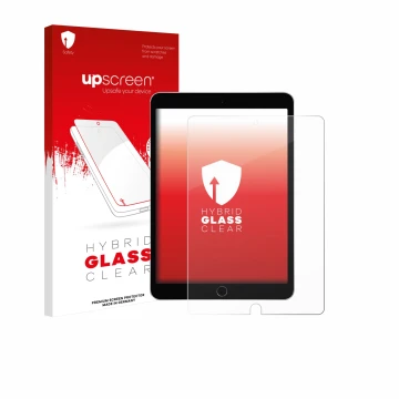 Face avant d’un emballage produit avec le logo de la marque upscreen. À côté, l’appareil Apple iPad 10.2