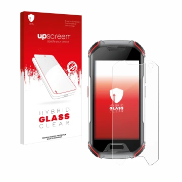 Face avant d’un emballage produit avec le logo de la marque upscreen. À côté, l’appareil Unihertz Atom L est représenté avec l