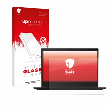 Face avant d’un emballage produit avec le logo de la marque upscreen. À côté, l’appareil Lenovo ThinkPad X13 Yoga Gen 1 est re