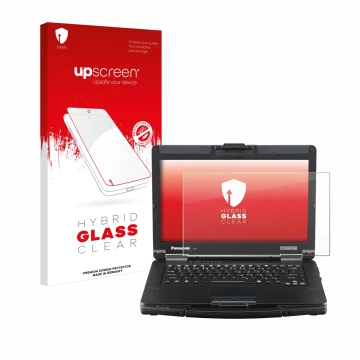 Face avant d’un emballage produit avec le logo de la marque upscreen. À côté, l’appareil Panasonic Toughbook FZ-55 Full HD est