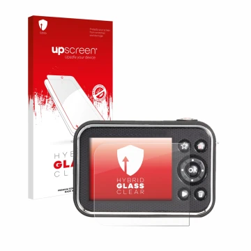 Face avant d’un emballage produit avec le logo de la marque upscreen. À côté, l’appareil Vtech Kidizoom Video Studio HD est re