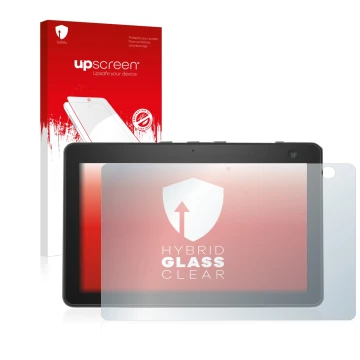 Face avant d’un emballage produit avec le logo de la marque upscreen. À côté, l’appareil Amazon Echo Show 10 (3ème Gen.) est r