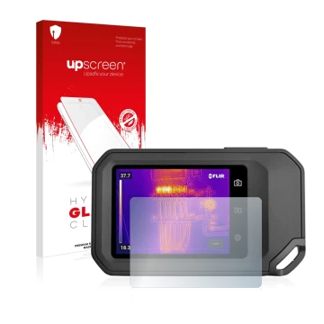 Face avant d’un emballage produit avec le logo de la marque upscreen. À côté, l’appareil Flir C5 est représenté avec la protec