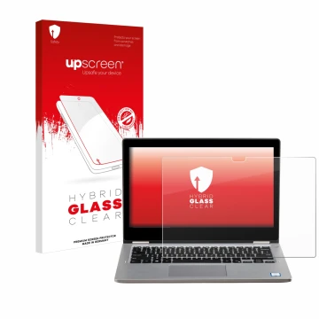 Face avant d’un emballage produit avec le logo de la marque upscreen. À côté, l’appareil Dell Latitude 3310 2-in-1 est représe