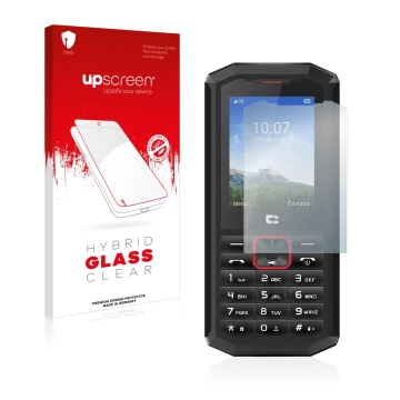 Face avant d’un emballage produit avec le logo de la marque upscreen. À côté, l’appareil Crosscall Spider X5 est représenté av