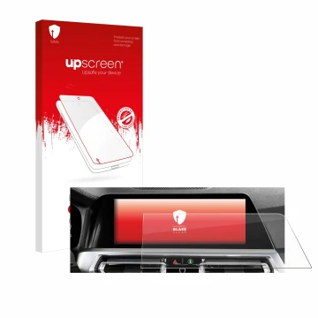 Face avant d’un emballage produit avec le logo de la marque upscreen. À côté, l’appareil BMW 3 G20 Limousine 2018 Infotainment