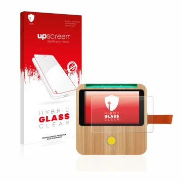 Face avant d’un emballage produit avec le logo de la marque upscreen. À côté, l’appareil tigerbox Touch est représenté avec la