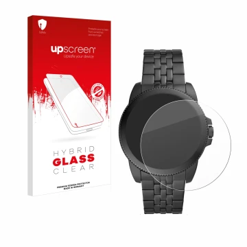 Face avant d’un emballage produit avec le logo de la marque upscreen. À côté, l’appareil Fossil Gen 5E est représenté avec la 