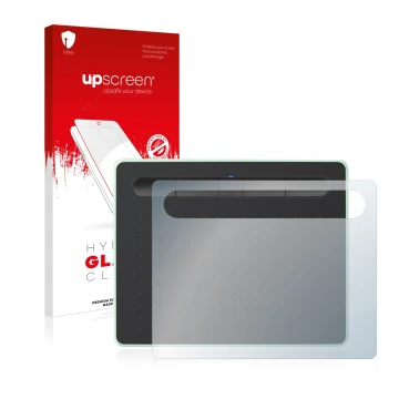 Face avant d’un emballage produit avec le logo de la marque upscreen. À côté, l’appareil Wacom Intuos S Bluetooth est représen