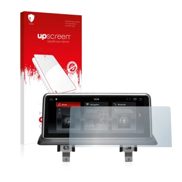 Face avant d’un emballage produit avec le logo de la marque upscreen. À côté, l’appareil BMW 1 E88 2004-2013 VioVox 8251 10.25