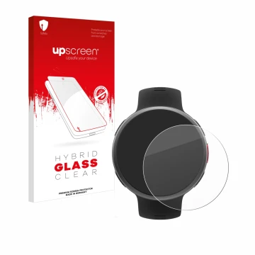 Face avant d’un emballage produit avec le logo de la marque upscreen. À côté, l’appareil Polar Vantage V2 est représenté avec 