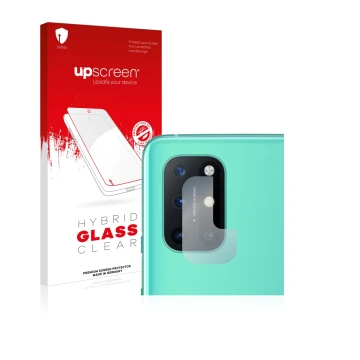 Face avant d’un emballage produit avec le logo de la marque upscreen. À côté, l’appareil OnePlus 8T (Caméra UNIQUEMENT) est re