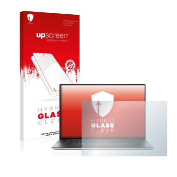 Face avant d’un emballage produit avec le logo de la marque upscreen. À côté, l’appareil Dell XPS 15 9500 est représenté avec 