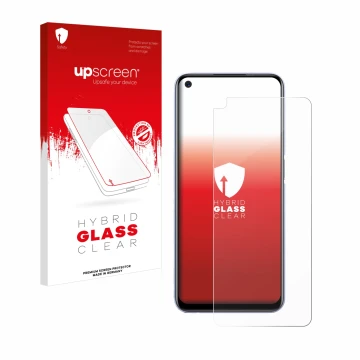 Face avant d’un emballage produit avec le logo de la marque upscreen. À côté, l’appareil realme Q2 est représenté avec la prot