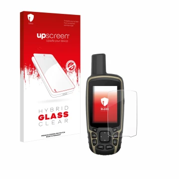 Face avant d’un emballage produit avec le logo de la marque upscreen. À côté, l’appareil Garmin GPSMAP 65 est représenté avec 
