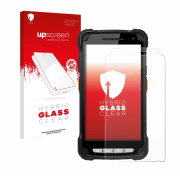 Face avant d’un emballage produit avec le logo de la marque upscreen. À côté, l’appareil Point Mobile PM90 est représenté avec