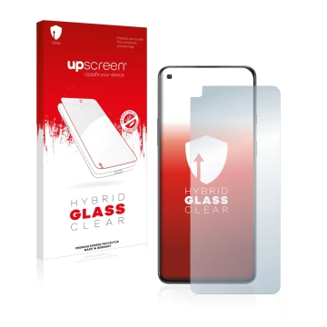 Face avant d’un emballage produit avec le logo de la marque upscreen. À côté, l’appareil OnePlus 8T Plus est représenté avec l