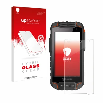 Face avant d’un emballage produit avec le logo de la marque upscreen. À côté, l’appareil i.safe MOBILE IS530.1 est représenté 