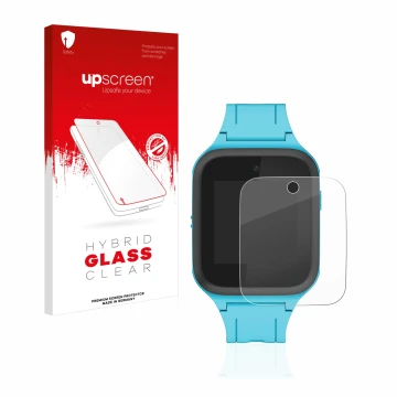 Face avant d’un emballage produit avec le logo de la marque upscreen. À côté, l’appareil TCL Movetime FamilyWatch Kids MT40X e