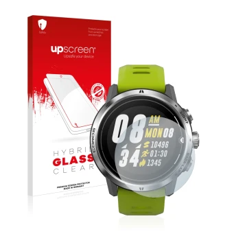 Face avant d’un emballage produit avec le logo de la marque upscreen. À côté, l’appareil Coros Apex Pro est représenté avec la