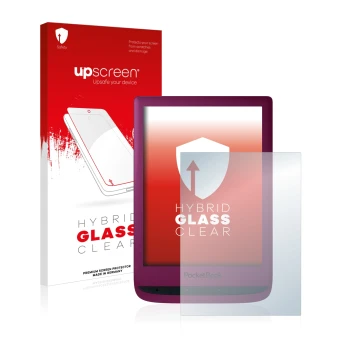 Face avant d’un emballage produit avec le logo de la marque upscreen. À côté, l’appareil PocketBook Touch Lux 5 est représenté