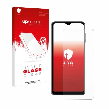 Face avant d’un emballage produit avec le logo de la marque upscreen. À côté, l’appareil Samsung Galaxy M12 est représenté ave