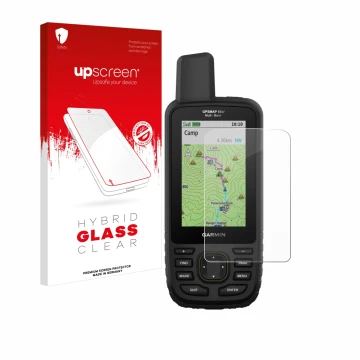 Face avant d’un emballage produit avec le logo de la marque upscreen. À côté, l’appareil Garmin GPSMAP 66sr est représenté ave