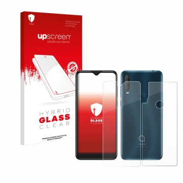 Face avant d’un emballage produit avec le logo de la marque upscreen. À côté, l’appareil Alcatel 1S 2020 (Avant+Arrière) est r