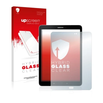 Face avant d’un emballage produit avec le logo de la marque upscreen. À côté, l’appareil Samsung Galaxy Tab S3 est représenté 