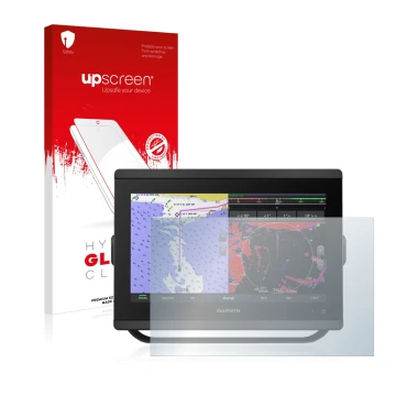 Face avant d’un emballage produit avec le logo de la marque upscreen. À côté, l’appareil Garmin GPSMAP 8412xsv est représenté 