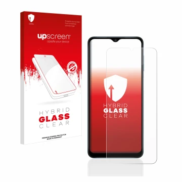 Face avant d’un emballage produit avec le logo de la marque upscreen. À côté, l’appareil Samsung Galaxy A12 est représenté ave