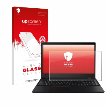 Face avant d’un emballage produit avec le logo de la marque upscreen. À côté, l’appareil Lenovo ThinkPad T15 est représenté av