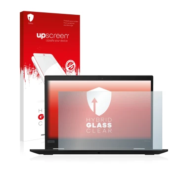 Face avant d’un emballage produit avec le logo de la marque upscreen. À côté, l’appareil Lenovo ThinkPad X13 Gen 1 est représe