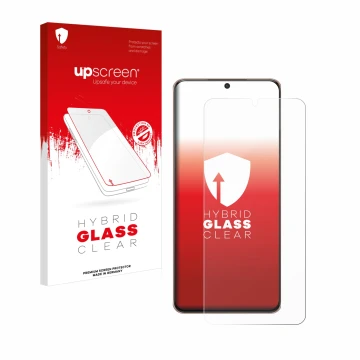 Face avant d’un emballage produit avec le logo de la marque upscreen. À côté, l’appareil Samsung Galaxy S21 Plus 5G est représ