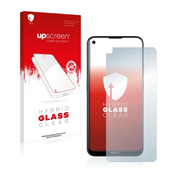 Face avant d’un emballage produit avec le logo de la marque upscreen. À côté, l’appareil Nokia 5.4 est représenté avec la prot