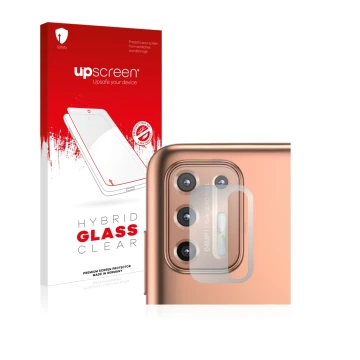 Face avant d’un emballage produit avec le logo de la marque upscreen. À côté, l’appareil Motorola Moto G9 Plus (Caméra UNIQUEM