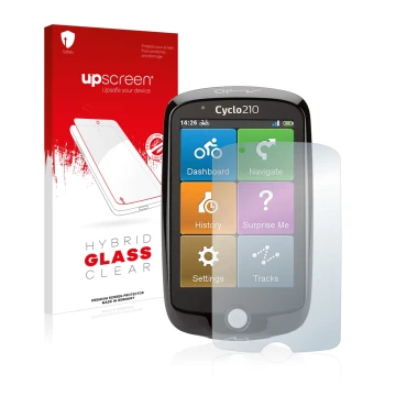 Face avant d’un emballage produit avec le logo de la marque upscreen. À côté, l’appareil Mio Cyclo 210 est représenté avec la 