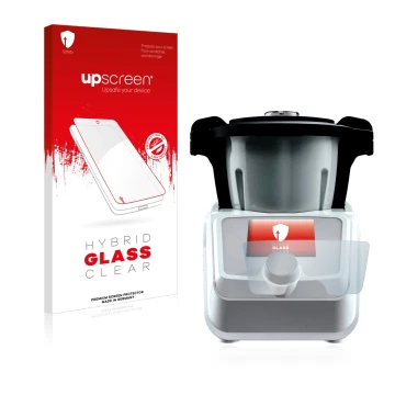 Face avant d’un emballage produit avec le logo de la marque upscreen. À côté, l’appareil SilverCrest Mini Monsieur Cuisine Con