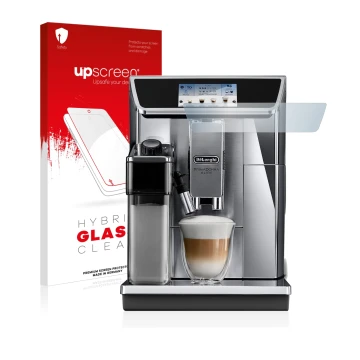 Face avant d’un emballage produit avec le logo de la marque upscreen. À côté, l’appareil DeLonghi PrimaDonna Elite Experience 